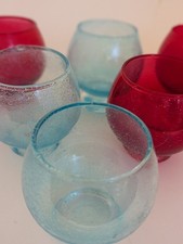 6x Hand Blown Bubble Textured Glass Tumblers 3 Red 3 Blue