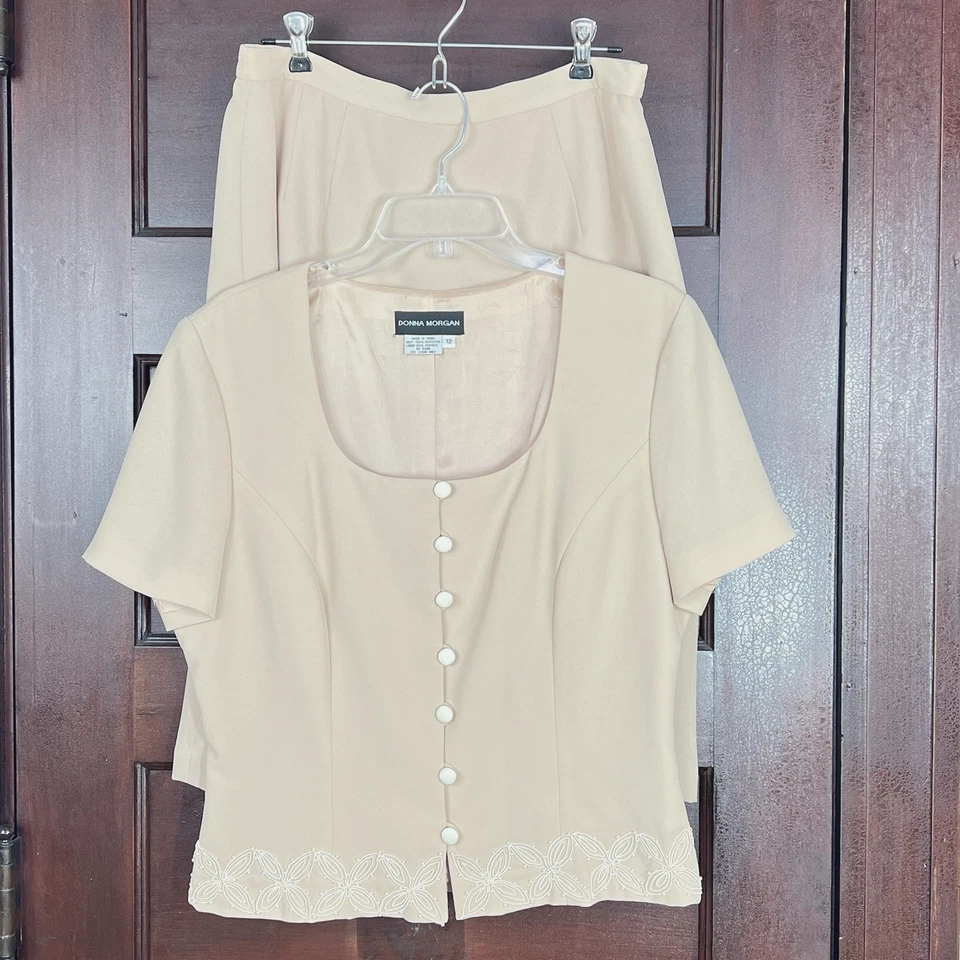 Traje Falda Lápiz Donna Morgan Para Mujer 12 Beige Bordado Manga Corta Forrado Foto 2 de 4