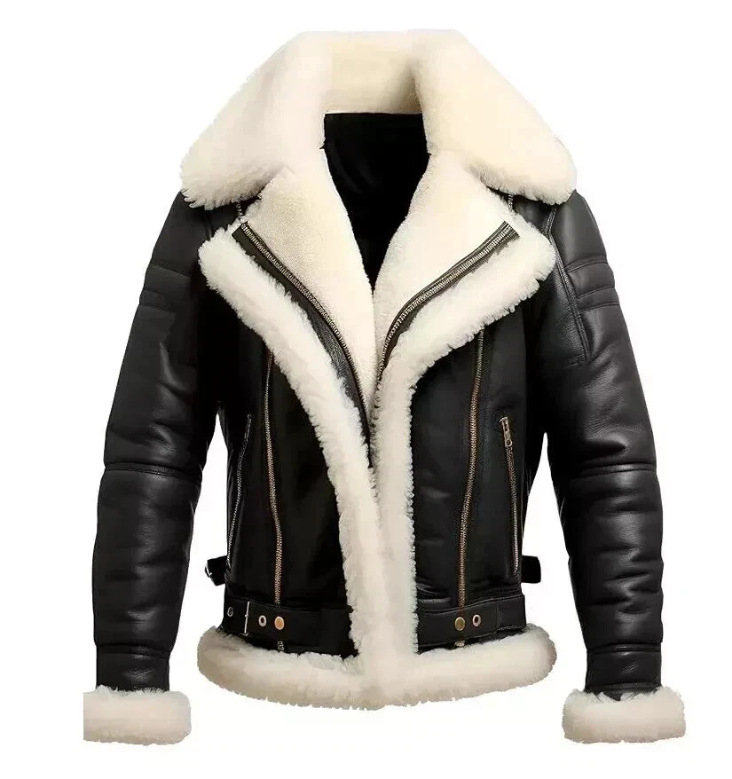 Men's Pure Leather RAF Aviator B3 Pilot Flying Bomber Shearling Fur Black Jacket