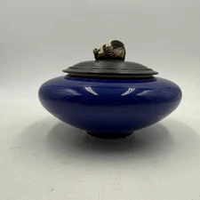 VTG Andrew MacCorkindale Signed 7" Cobalt Blue Black Crackle Glaze Lidded Bowl