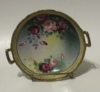 Antique Hand Painted Porcelain Rose Dish Double Gold Handles & Trim Nappy Dish