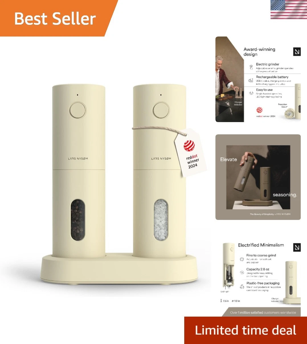 Electric Salt and Pepper Grinder Set, USB Rechargeable, Automatic Salt and Pe...