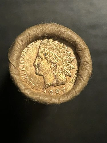 🔥 1897 Indian Cent AU On The End of a Mixed Wheat Wrapped Unsearched Roll 🔥