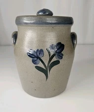 Rowe Pottery Works Wisconsin 1998 Flowers Salt Glazed Stoneware Crock Pot w Lid