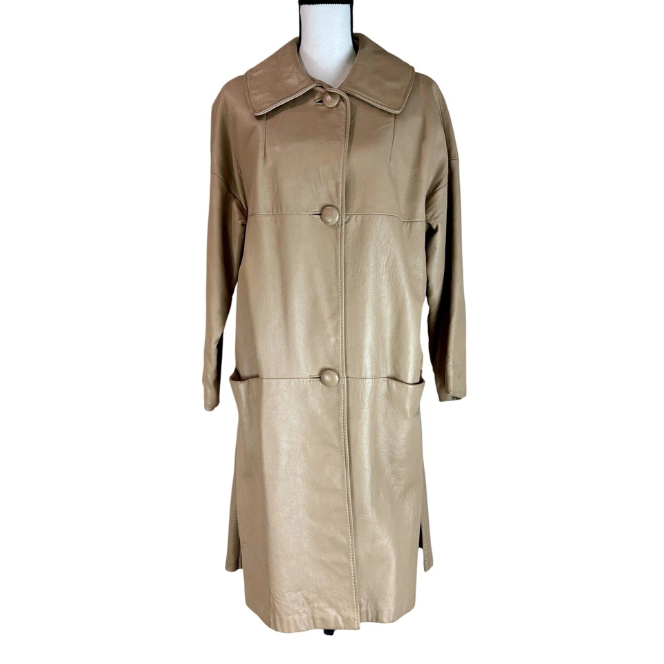 Leather Trench Coat Oversized Fit Button Front Longline Jacket Size XL 80s