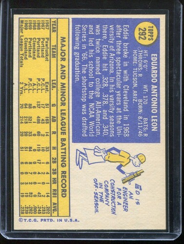 1970 Topps Baseball # 292 Eddie Leon NM-MT Near Mint to Mint - Picture 2 of 2