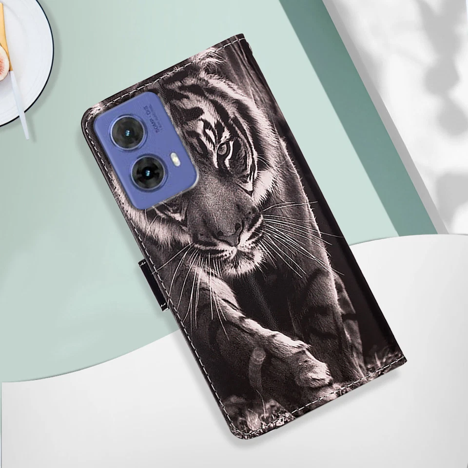Printed Flower Tiger Wallet Cover Case for Motorola G84 G34 G54 G24 E14 G Stylus - Image 4 of 4