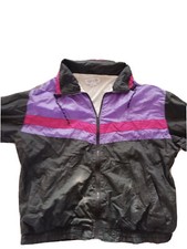 Marina Bay Jacket Womens Large Black Purple Full Zip Windbreaker Jacket Vtg