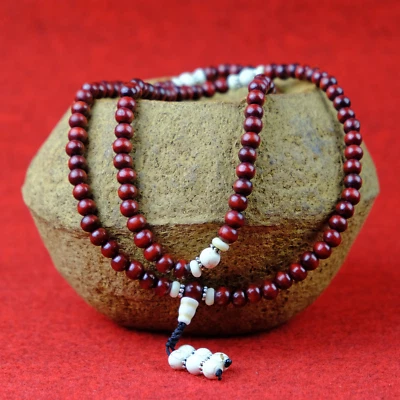 Rosenholz Kette braun Holz Mala Perlen Braun Buddha Muschel Weiß Nepal - Bild 1 von 4