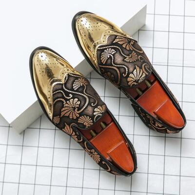 Men's Fashion Wing Tip Gold Pointed Toe Dress Pull On Block Heel Oxfords  Shoes | eBay