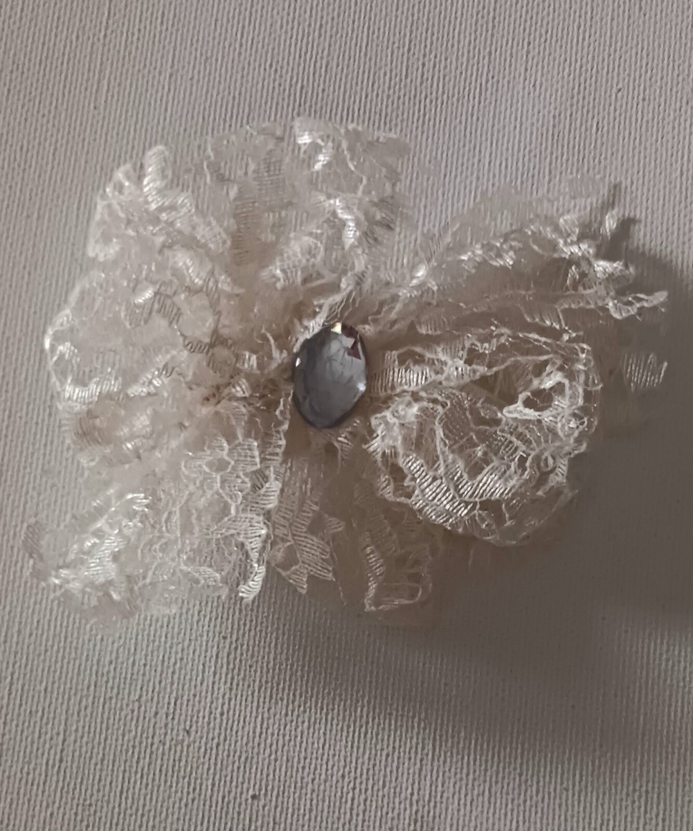 Hair Bow Creamy Shimmer Lace w Faux Gem Accent Clip On Hair