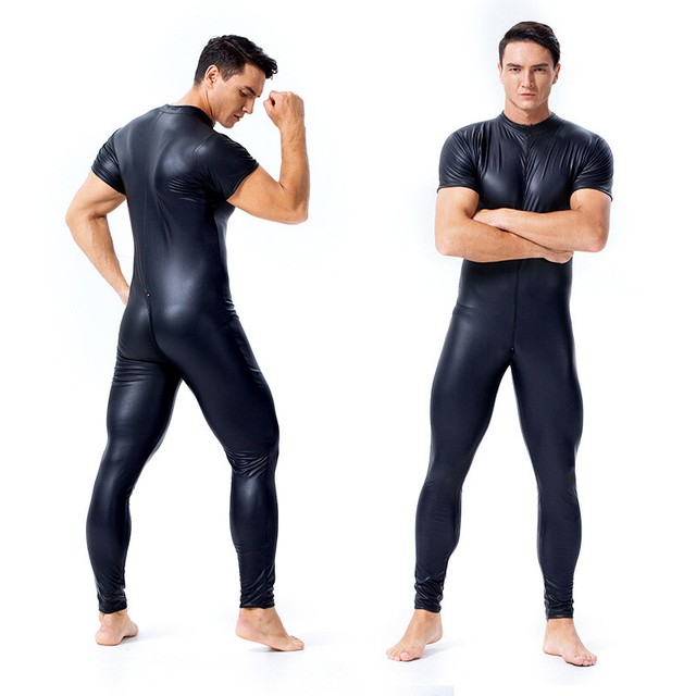 Man Patent Leather Bodysuit Stage Costume Black Muscle Men