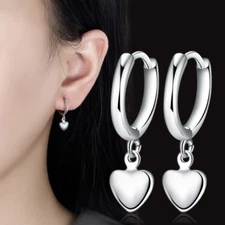 925 Sterling Silver Plated Dangle Heart Huggie Hoop Earrings Women Girl TH3
