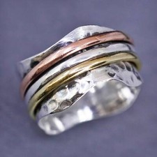 size 9.5, triple tone sterling silver 925 handmade textured spinner band ring