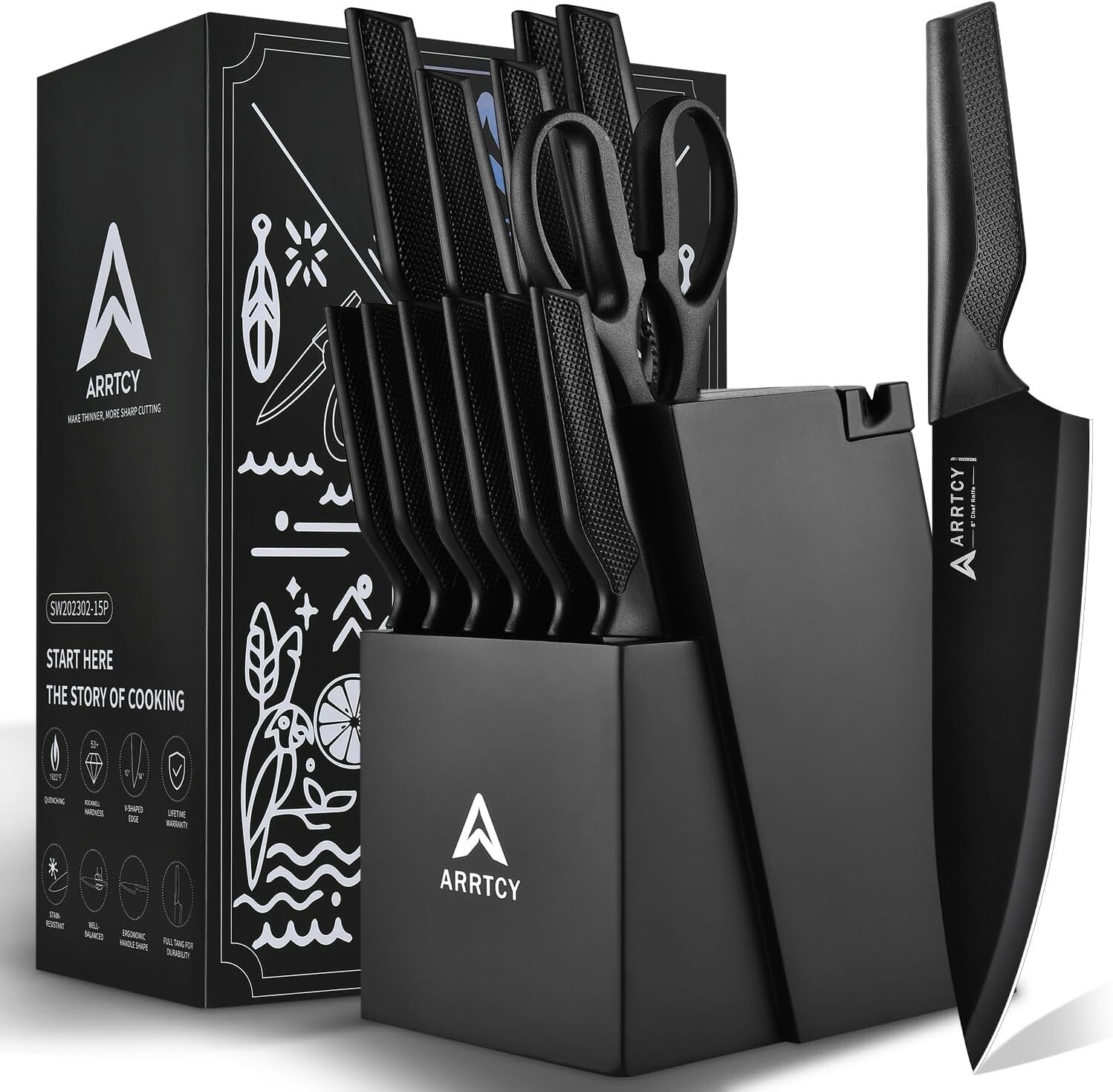 Knife Set, 15-Piece Kitchen Knife Set with Block Wooden German Stainless Steel-image