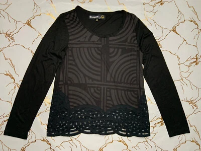 Desigual By Lacroix Damen Schwarz Geometrisch Langarm Top Größe Medium - Bild 1 von 4