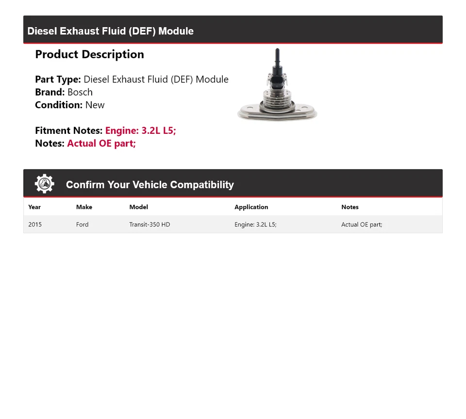Модуль выхлопной жидкости (DEF) для Ford Transit-350 HD 3,2 л L5 Bosch 2015 года - Изображение 2 из 4