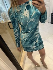MICHAEL KORS Watercolor Teal White Print Shift Dress Jersey Size S
