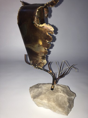 Mid Century Modern Owl Sculpture Brutalist Torch Metal Onyx/quartz Base 14x8” - Picture 7 of 8