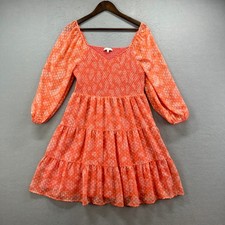 Skies Are Blue Mini Dress Womens L Coral Smocked Tiered Boho Paisley Puff Sleeve