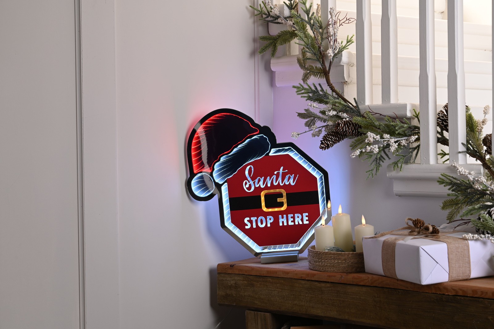 Festive Infinity LED Mirror Santa Stop Here! Sign with Hat 40cm