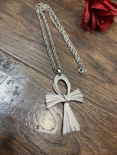 Vintage Silvertone Ankh Cross 22 Necklace Textured Egyptian Life Symbol Pendant