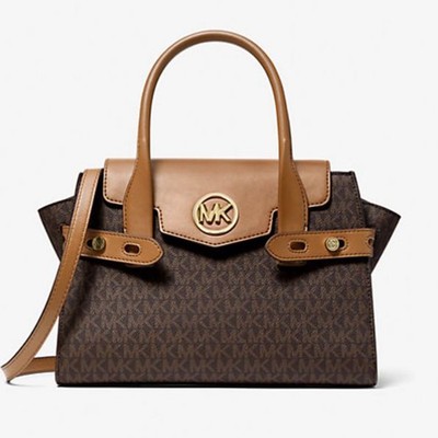 Michael Kors Carmen Medium Logo And Faux Leather Belted Satchel Brown