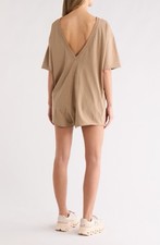 Free People Beige Cotton Knit Short Sleeve Relaxed Romper with Pockets