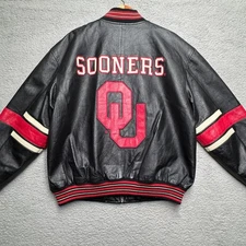Oklahoma Sooners Leather Bomber Jacket Red OU Logo Mens L G NFL College LARGE