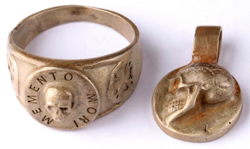 Set Memento mori engraving skull ring Remember to die signet Antique amulet prot