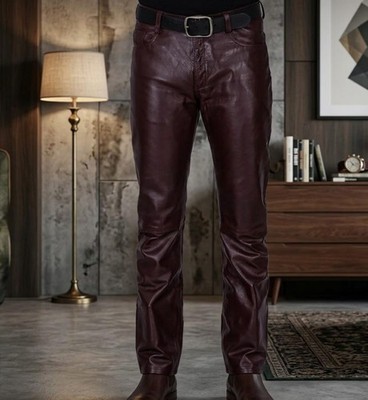 Mens Burgundy Genuine Leather Pants Slim Fit 501 Style Trousers Handmade Casual