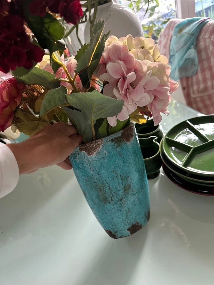 Türkise  Vase used vintage look Blumenvase schwer , glasiert - Bild 4 von 4