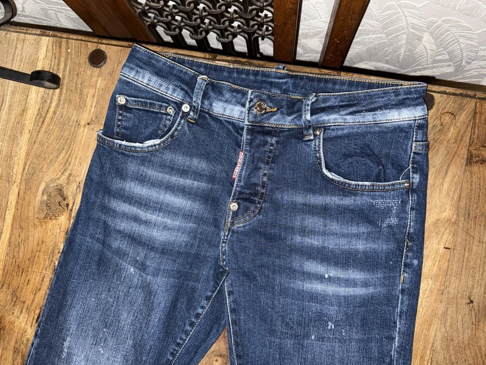 Dsquared2 Jeans Mens Size 30 32L Blue Cool Guy Slim Fit Distressed Paint Splatts - Image 3 of 4
