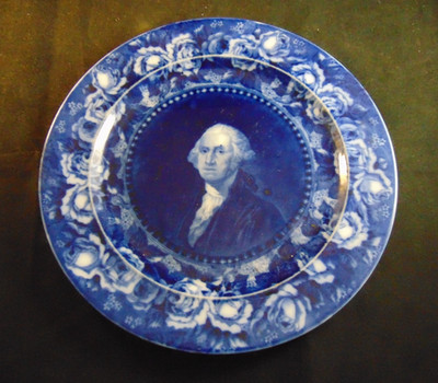 Antique Deep Rich Flow Blue George Washington Plate Portrait Stuart 10''
