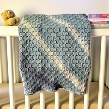 Handmade Crochet Baby Blanket-Blue Gray Afghan Throw-Vintage Nursery-Cottagecore