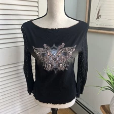 Vintage FANG Top Womens XL Black Butterfly Glitter 3/4 Lace Sleeve Y2K Grunge