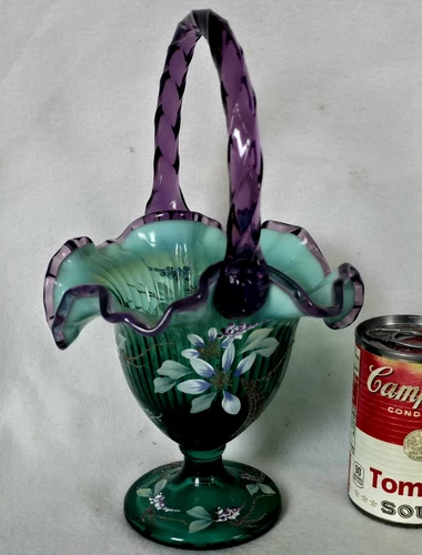 Fenton Green Glass Basket Vase New Century Collection XXI w 13 Signatures