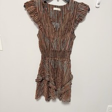Ramy Brook Jessie Mini Dress Size XS Brown Black Striped Ruffles Shirred