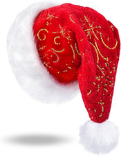 Hikkcos Red Santa Hat Christmas Hats for Adults Sequin Plush Santa Hat Furry Vel