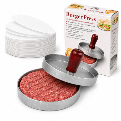 Kyto Hamburgerpresse Patty-Maker Burgerformer silber + 50x Anti-Haft- waxpapier