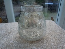 Crackled Effect Glass Candle Holder with Diamante Rim 5inch high