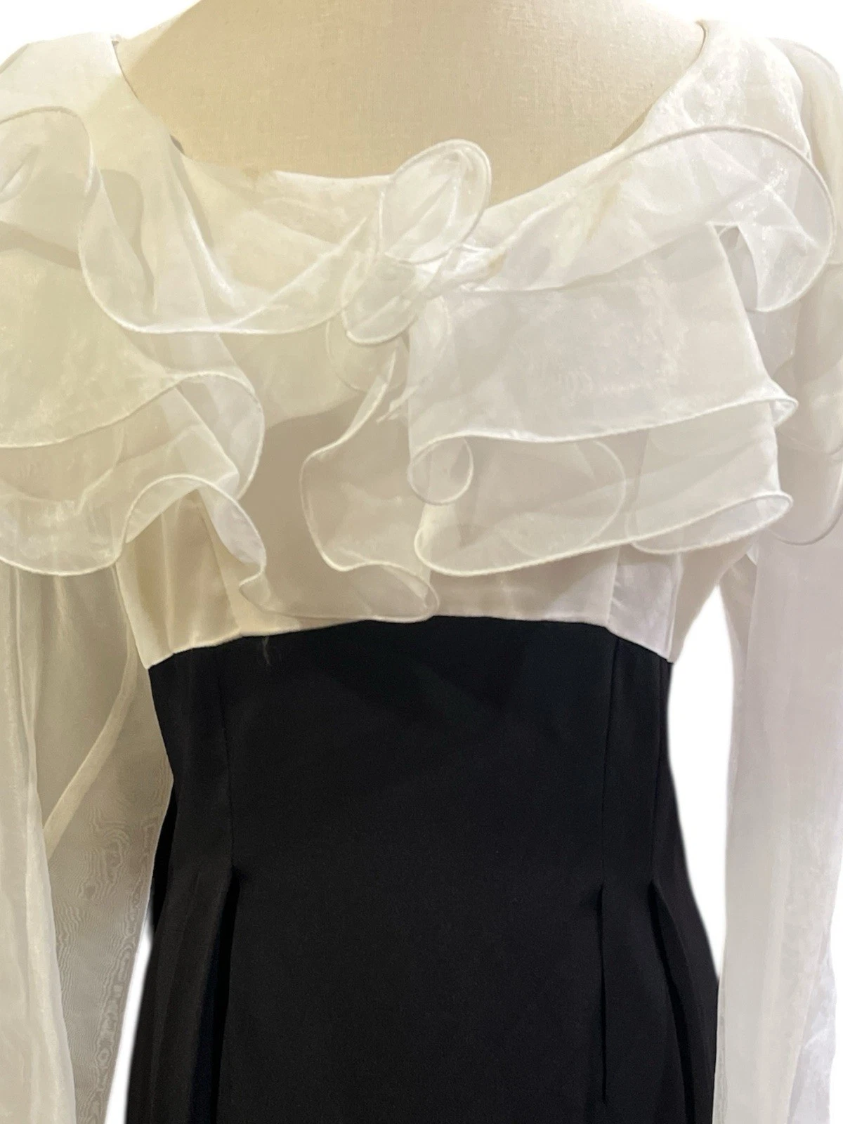 OFF WHITE Positivamente Ellyn abito vintage donna taglia 8 velato bianco sporco top con volant fondo nero