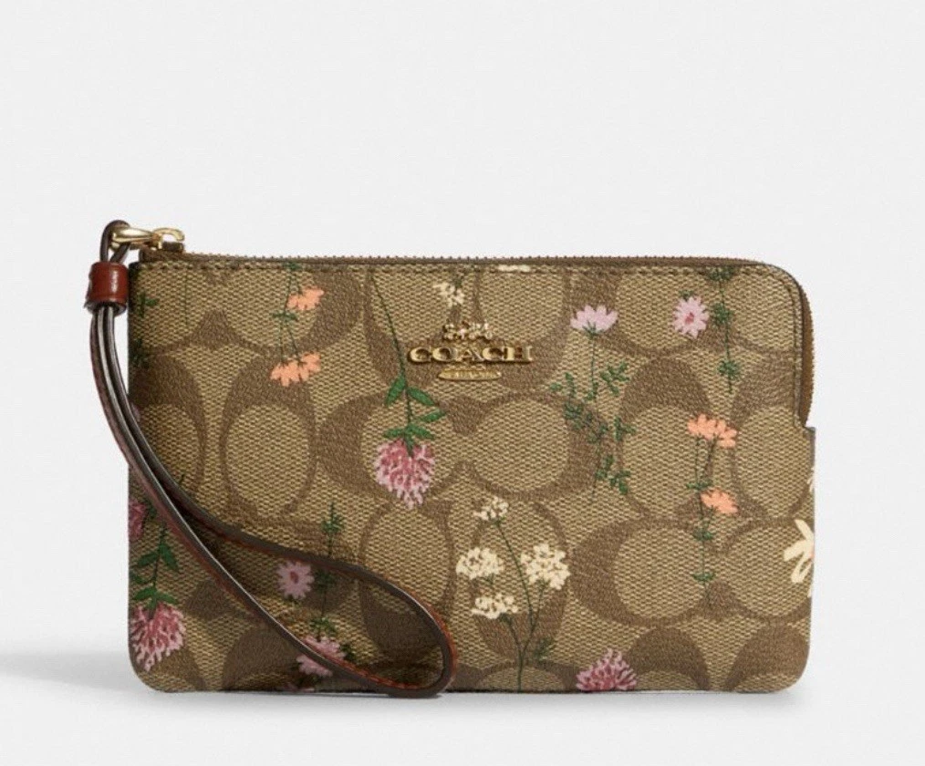 Borsa pochette Coach nuova con etichette con zip angolare da polso stampa fiori selvatici kaki multi C8732 ?