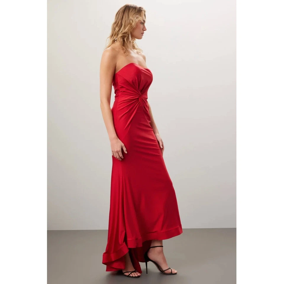 Maxi Vestido Faviana Nudo Frontal Rojo Sin Tirantes Alto Bajo Formal Talla 2 Foto 3 de 4