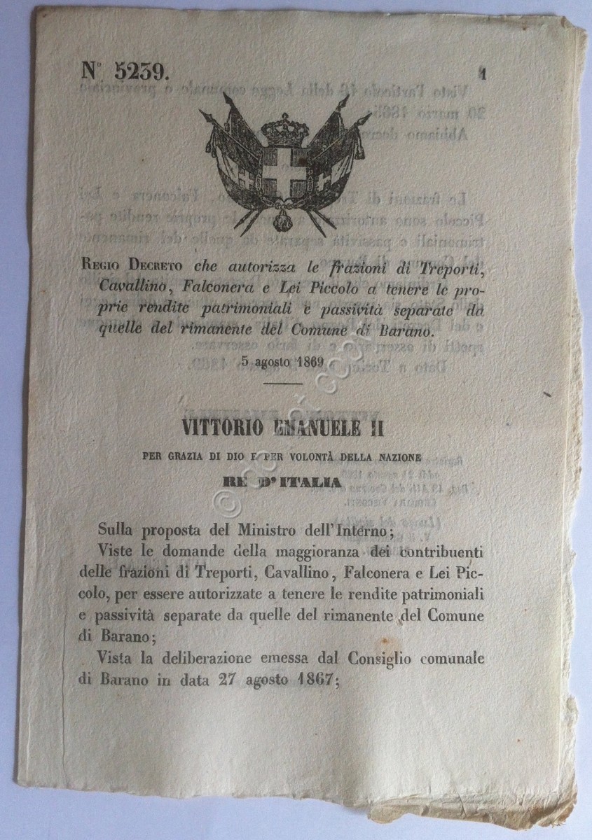 Regio Decreto 5239 Treporti Cavallino Falconera Lei Piccolo separato da Barano