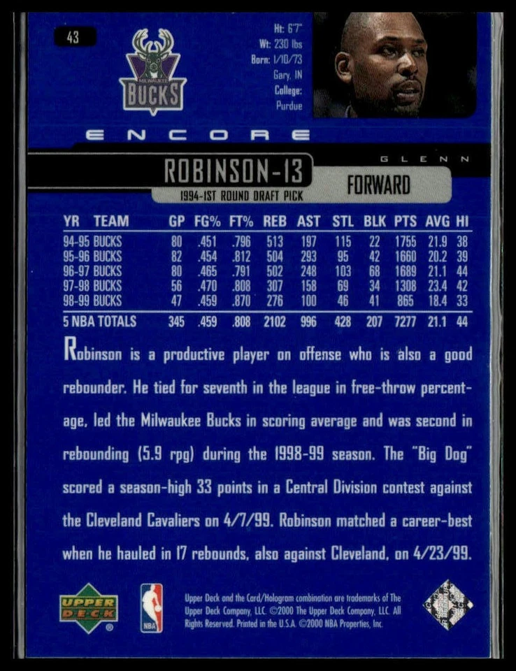 Glenn Robinson 1999-00 Upper Deck Encore #43 Encore Milwaukee Bucks - Image 2 of 2