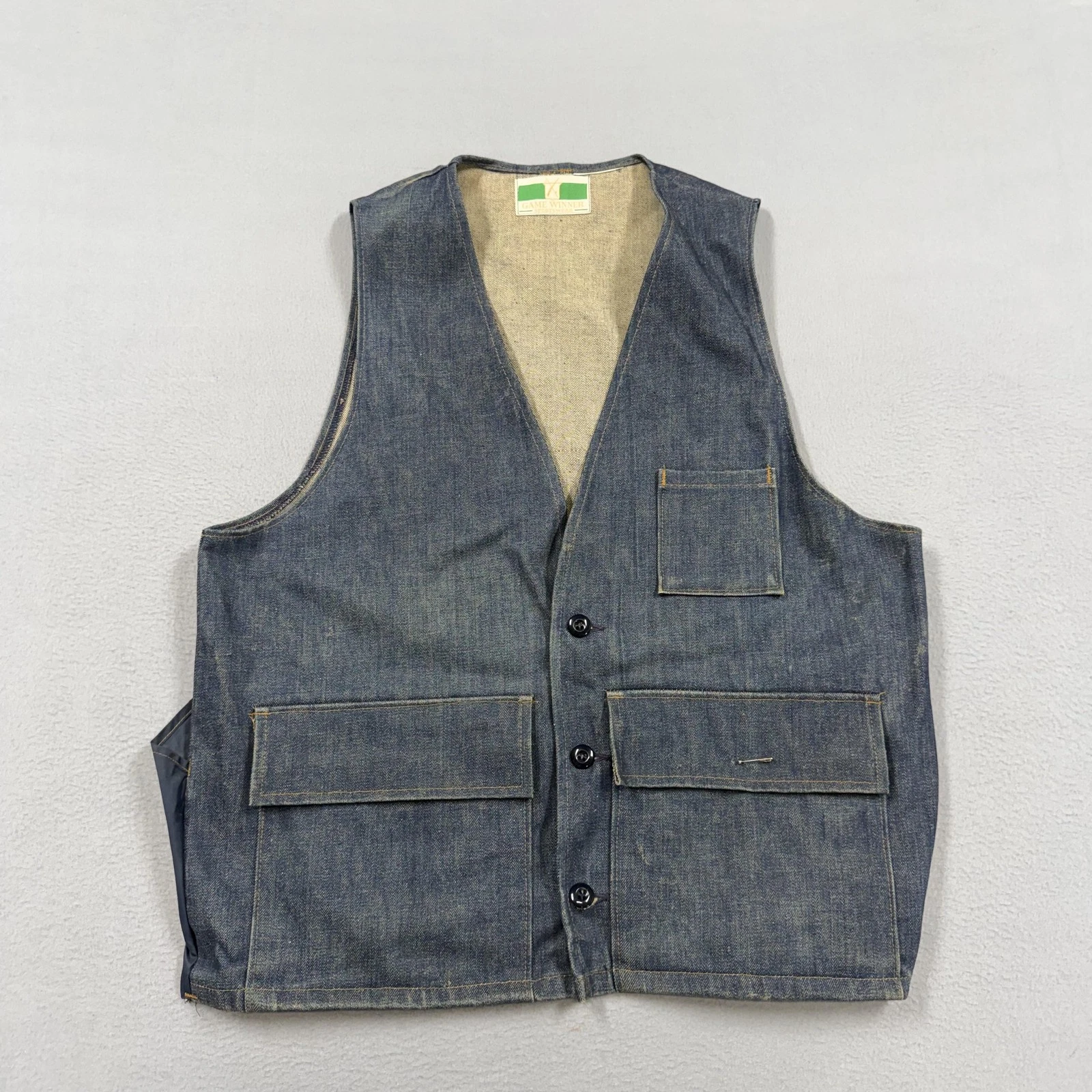Game Winner Sportswear Vest Mens XL Blue Denim Button Front Hunting Outdoors 70s