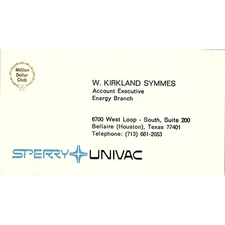 W Kirkland Symmes Sperry Univac Bellaire TX Vintage Business Card SD9-B2