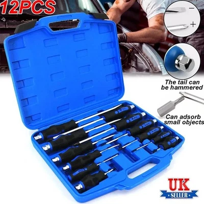 12X Screwdriver Set Heavy Duty Cross & Slotted/Flat W/Go-Through Thru-Tang Blade