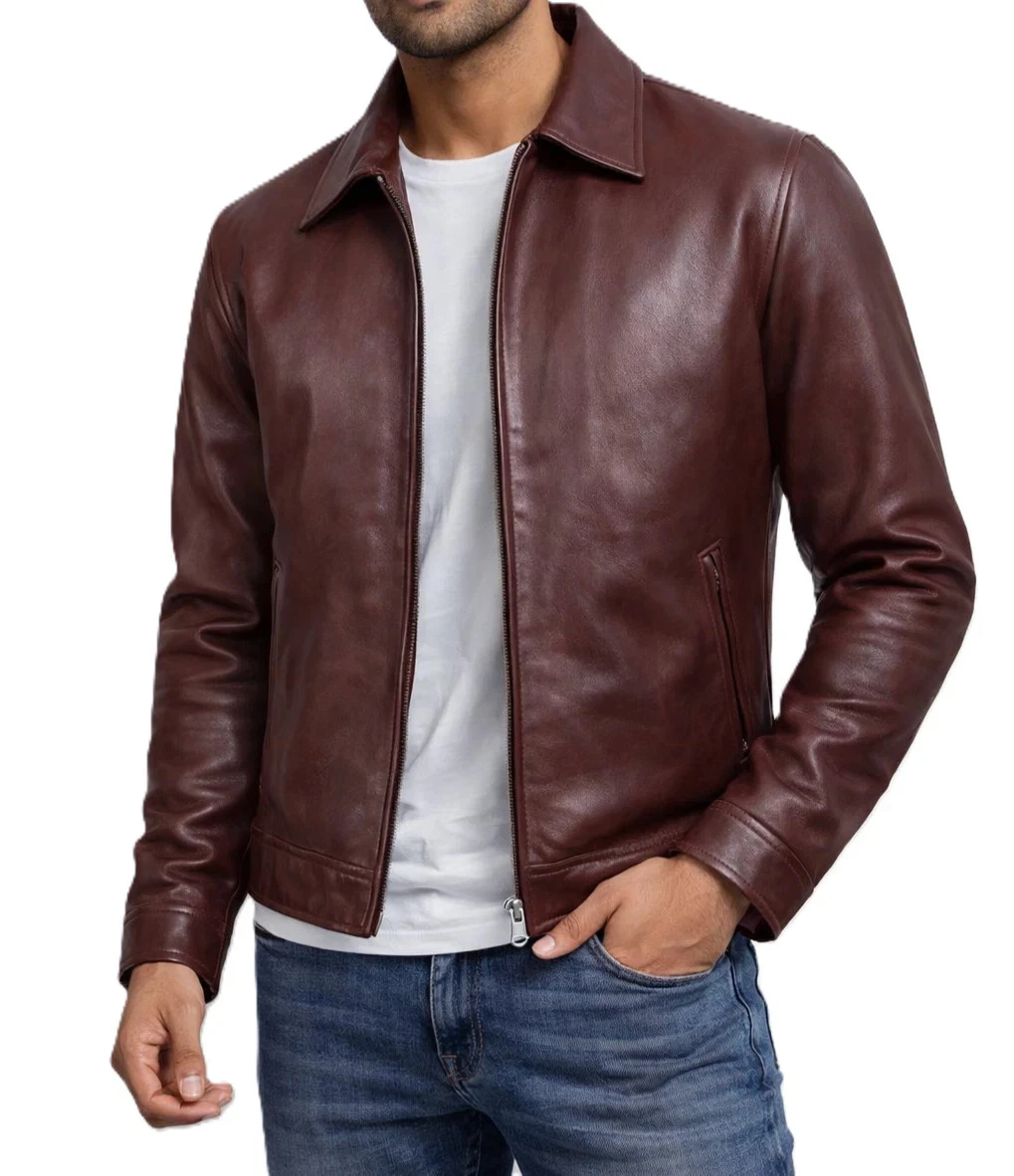 NEW Men’s Burgundy Leather Jacket Real Genuine Leather Zip Front Casual Jacket